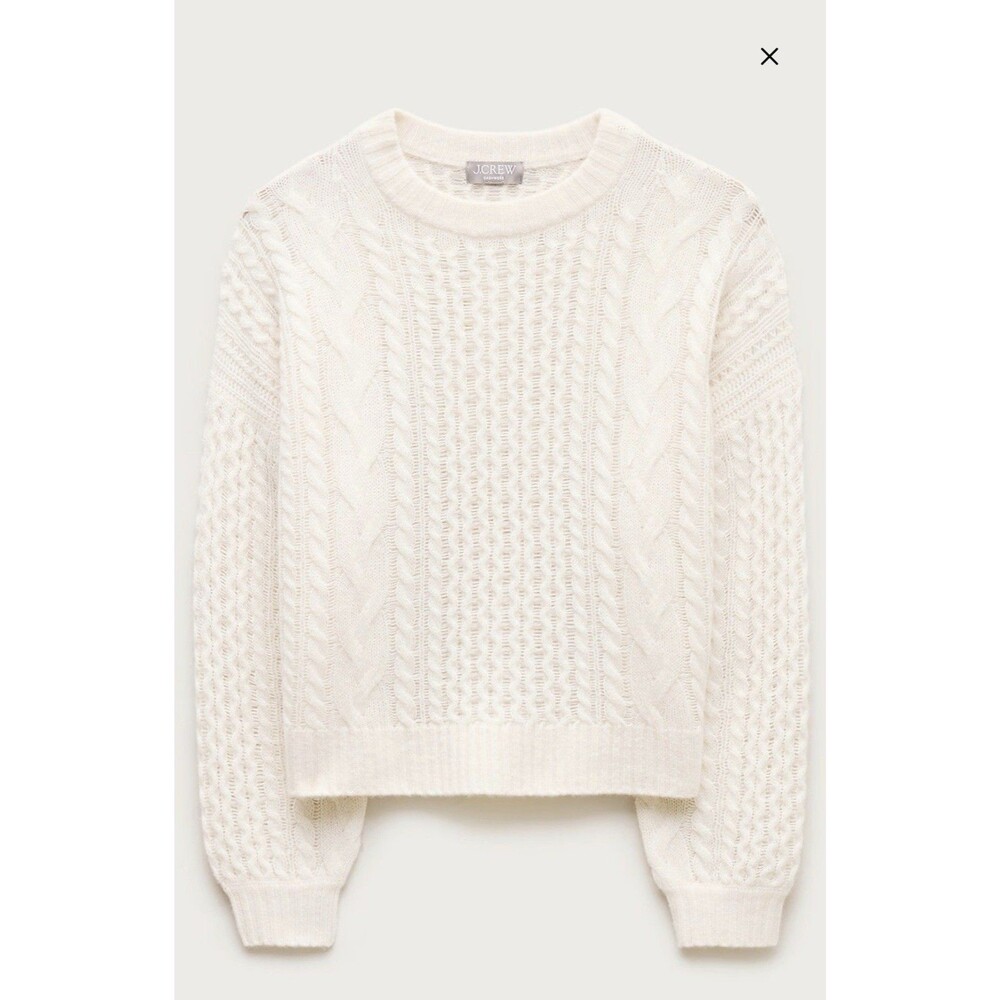 J Crew Cashmere cable-knit blouson-sleeve relaxed fit sweater Snow size L NWT - Picture 8 of 15